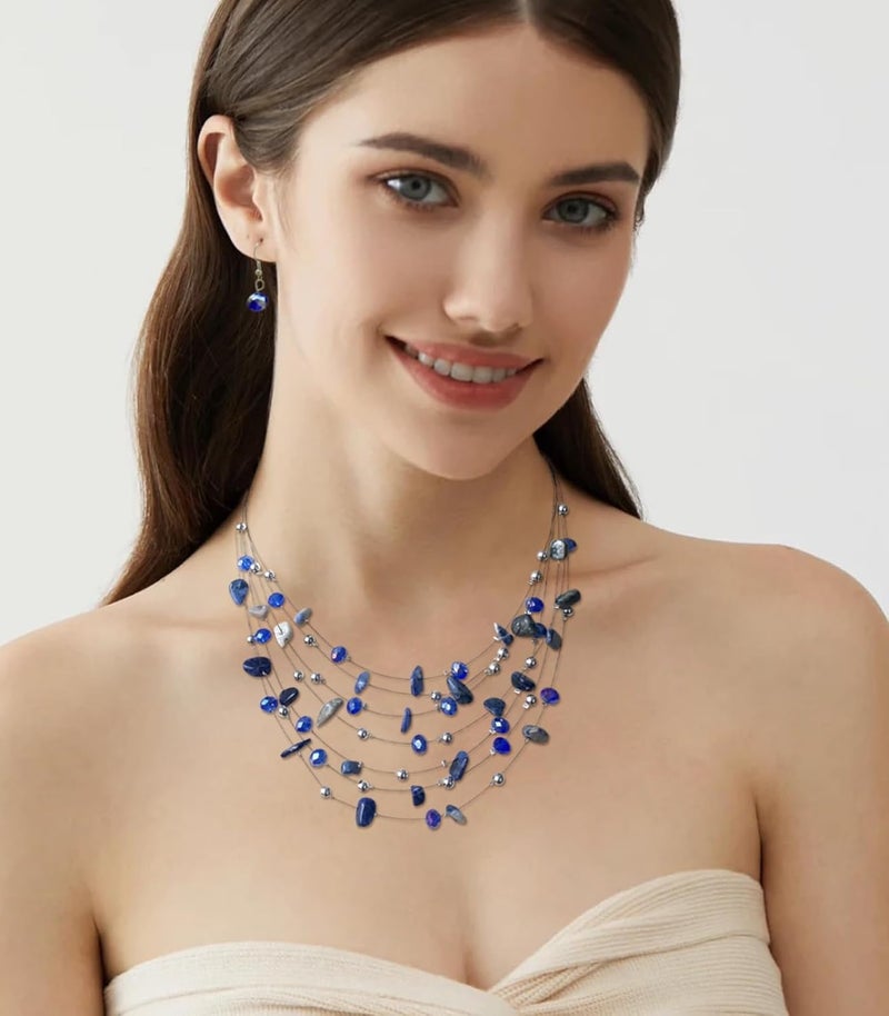 Errally Store Multi-Layer Boho Shell Beaded Necklace for Women Colorful Crystal Strand with Silver Beads Statement Collars Necklace and Earrings Costumes Jewelry Sets for Women - Image 3
